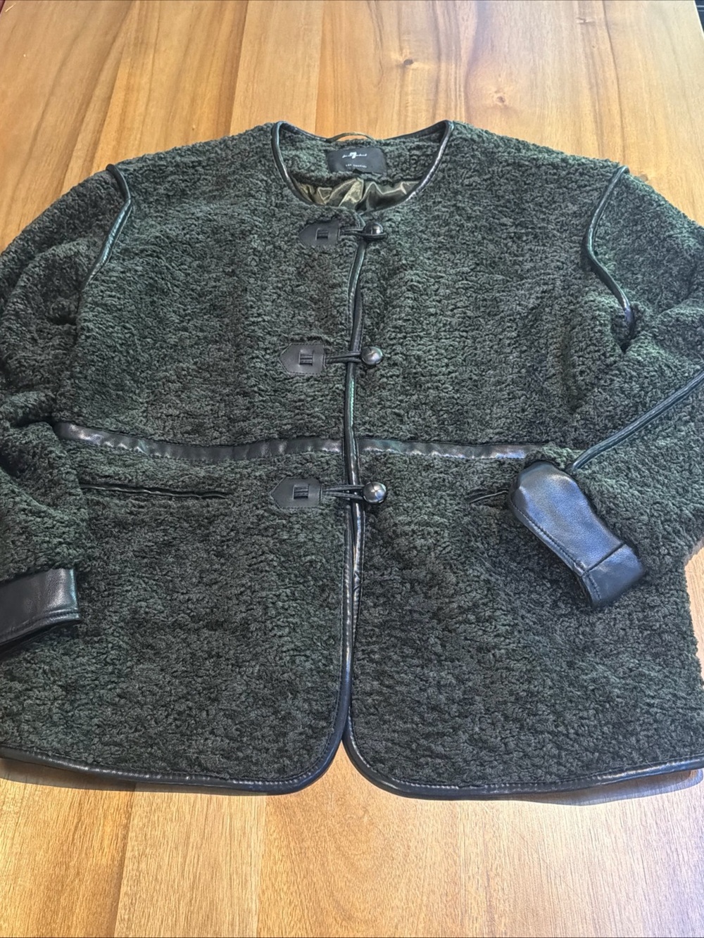 7 For All Mankind Olive Green Faux Fur Teddy Jacket with Faux Leather Trim L EUC